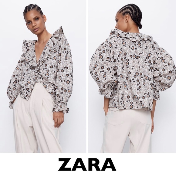 Zara Tops - ZARA Brown Ruffled Floral Print Top TRF Size XS